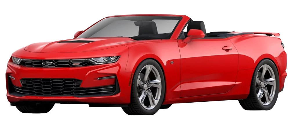 Red Chevrolet Camaro convertible on white background.