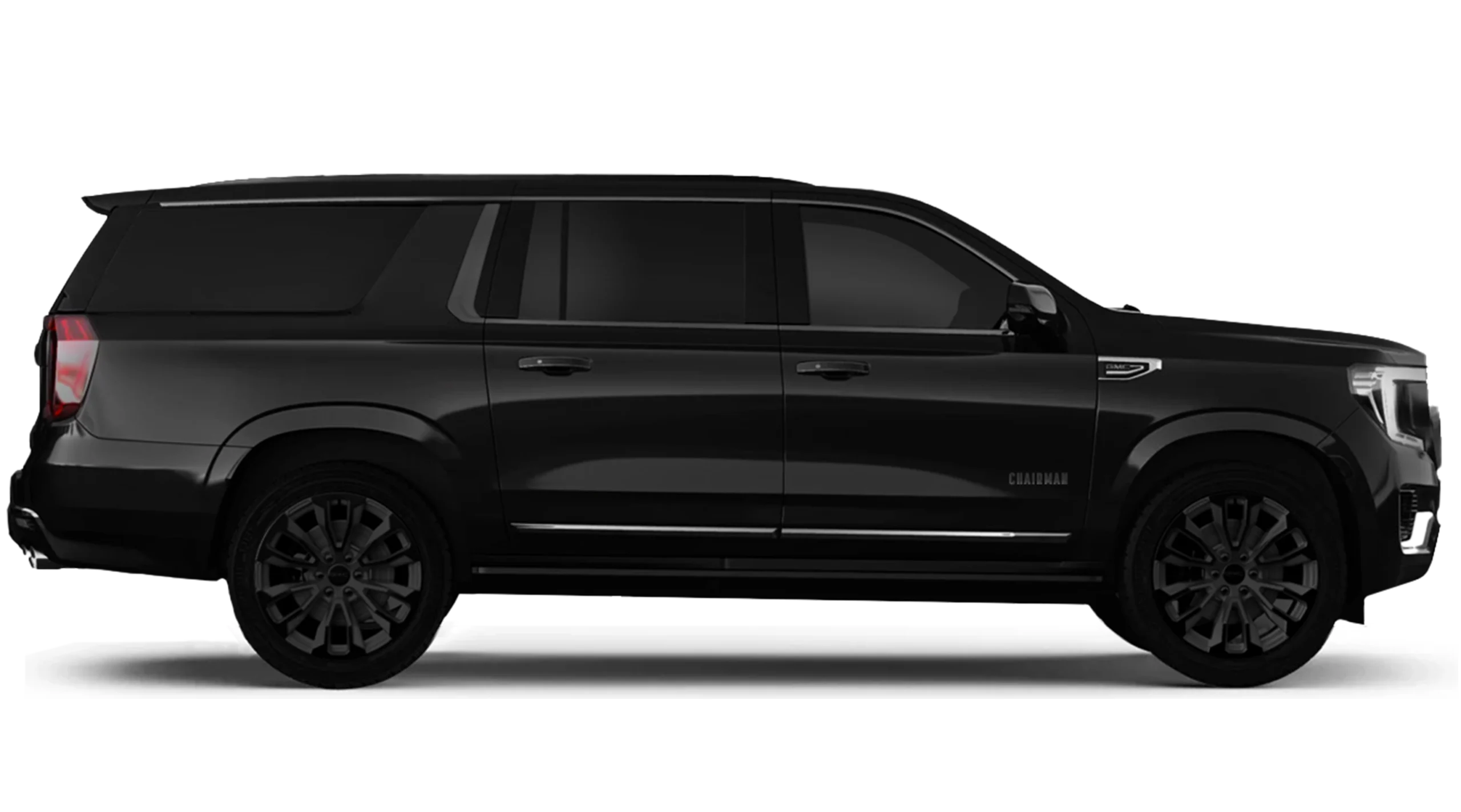 Black luxury SUV side view on dark background.