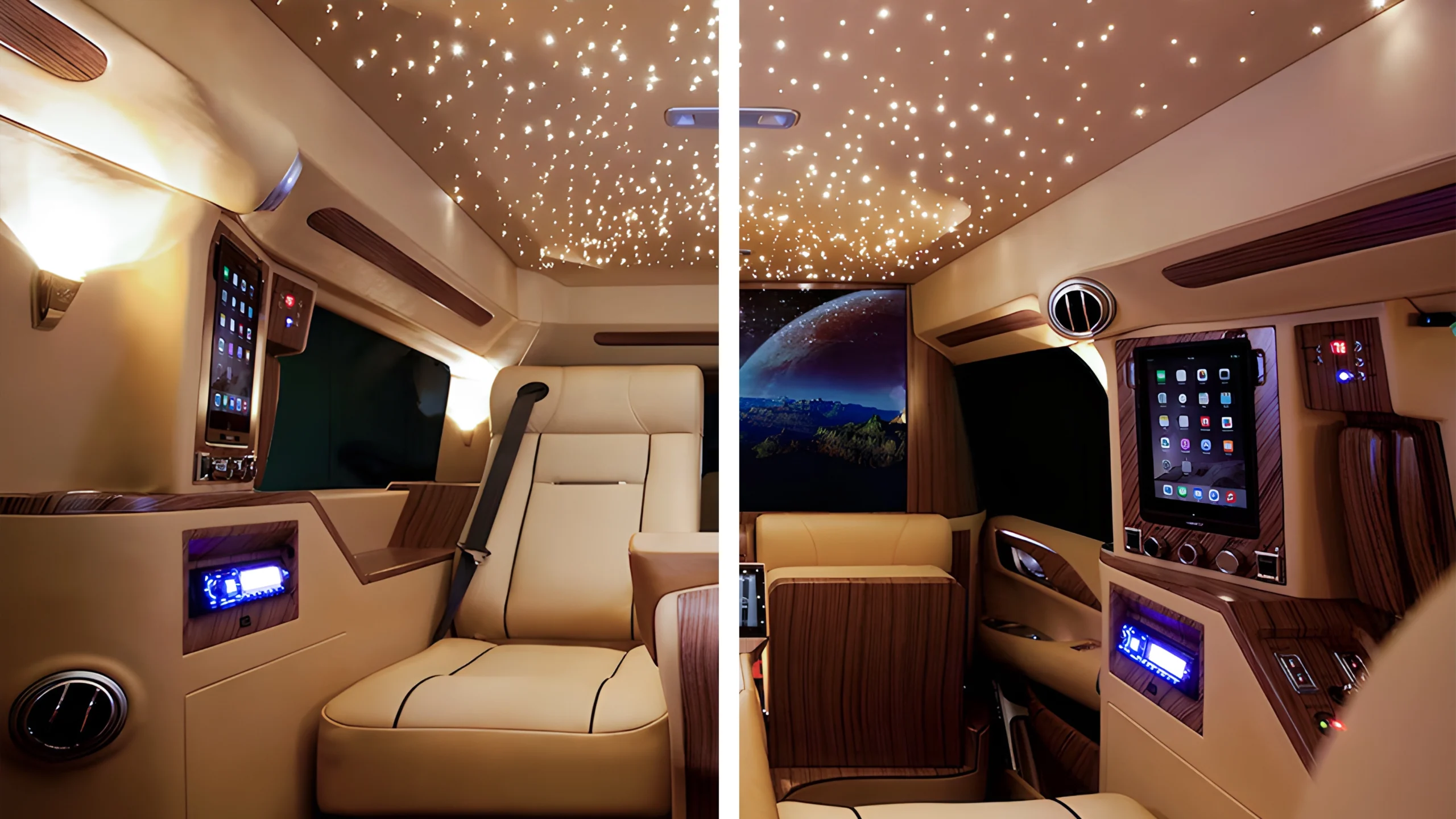 Luxury car interior with starlit ceiling and modern tech.