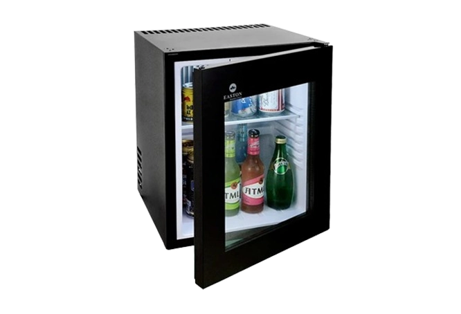 Compact beverage refrigerator stocked with assorted drinks.
