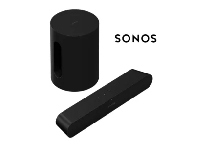 Sonos speaker and soundbar on white background.
