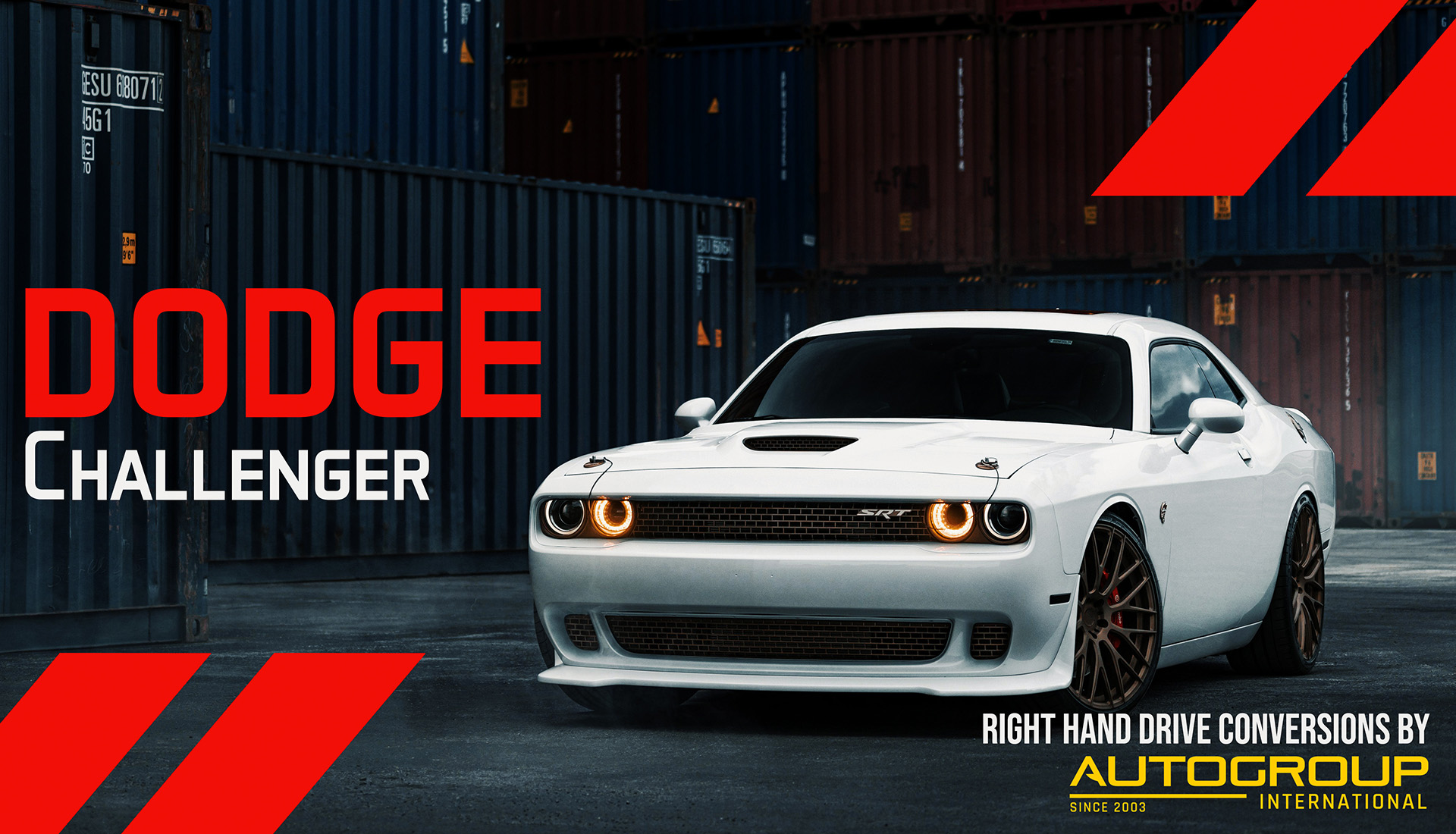 White Dodge Challenger SRT in front of shipping containers.