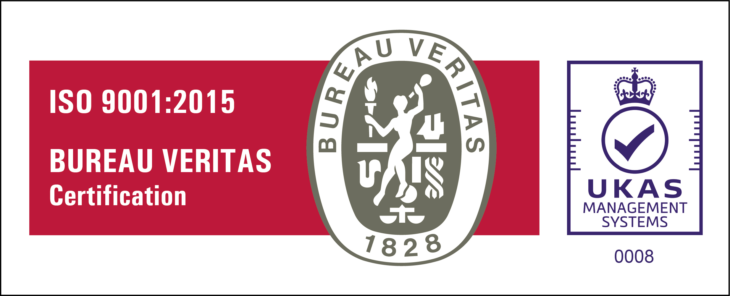 Bureau Veritas ISO 9001:2015 certification banner with UKAS logo.