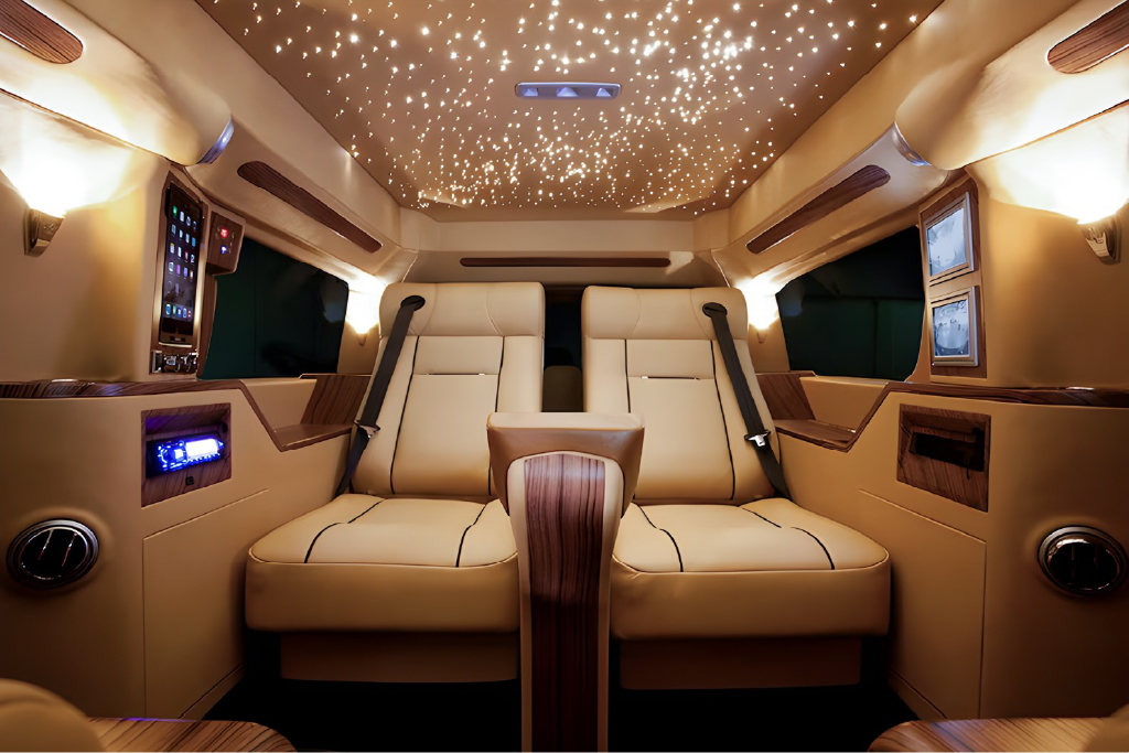 Luxurious car interior with starlight headliner and modern amenities.