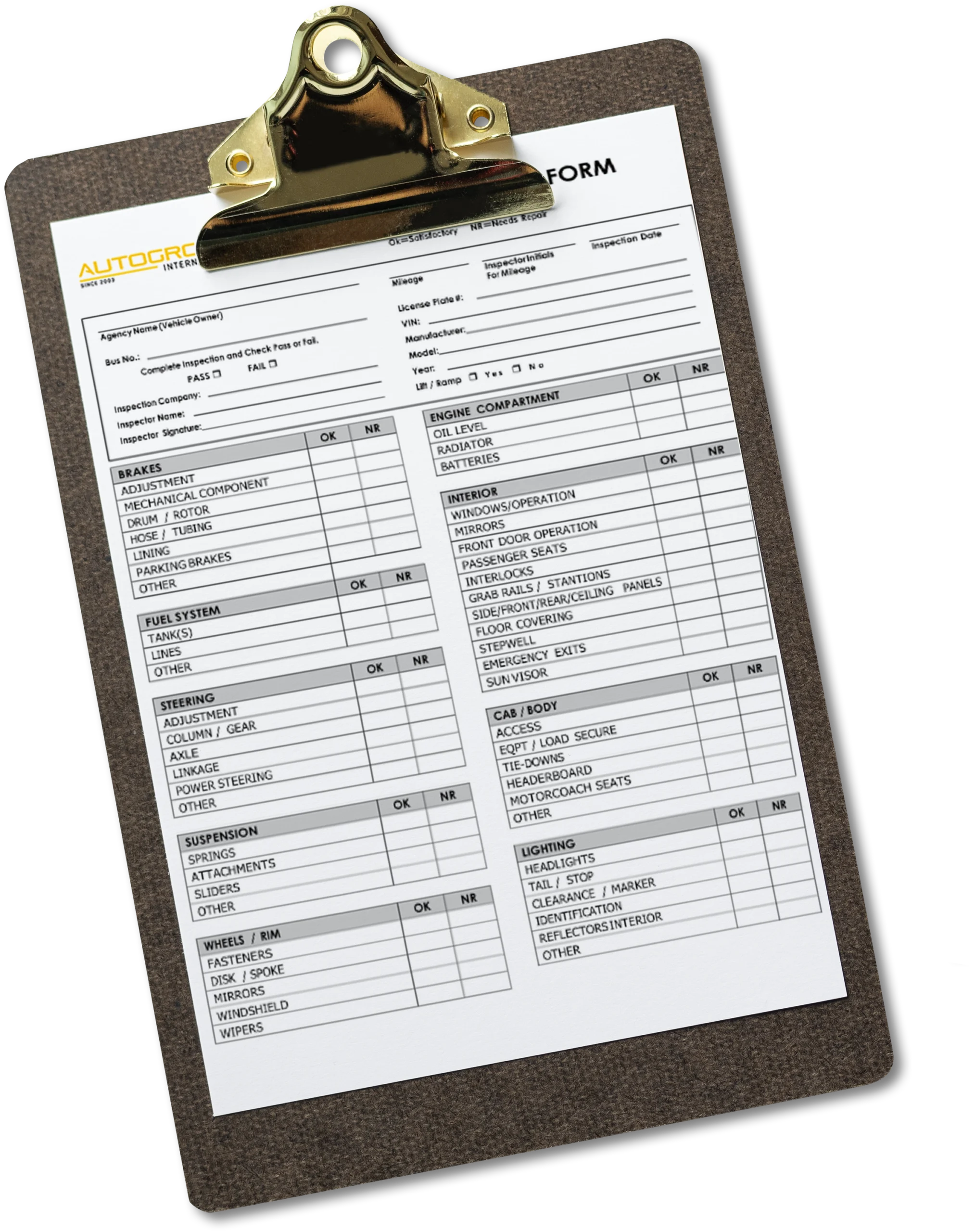 Vehicle inspection form on a clipboard.