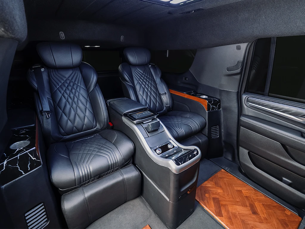 Luxurious car interior with leather seats and wood detailing