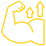 Outlined icon of flexing bicep with upward arrows