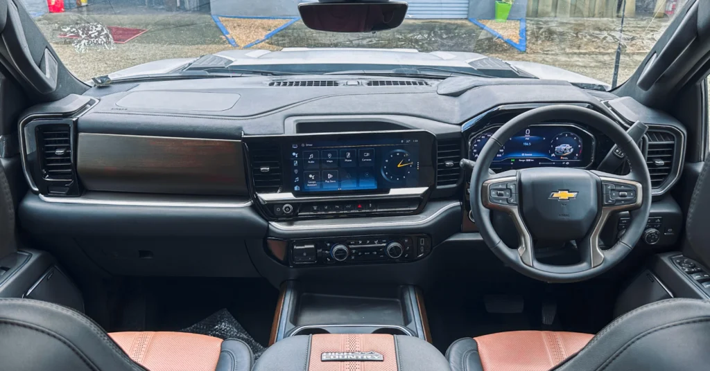 Chevrolet Silverado 3500 Dually RHD truck interior with digital displays