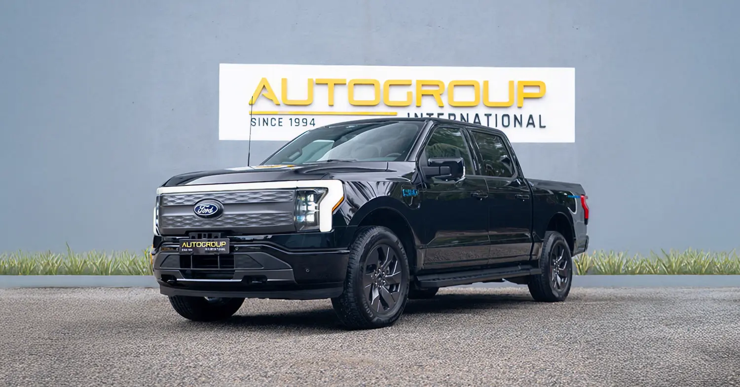 Black Ford F-150 Lightning electric truck front view