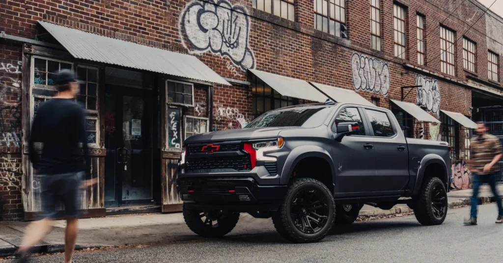 Black Widow Chevrolet pickup truck parked by graffiti wall