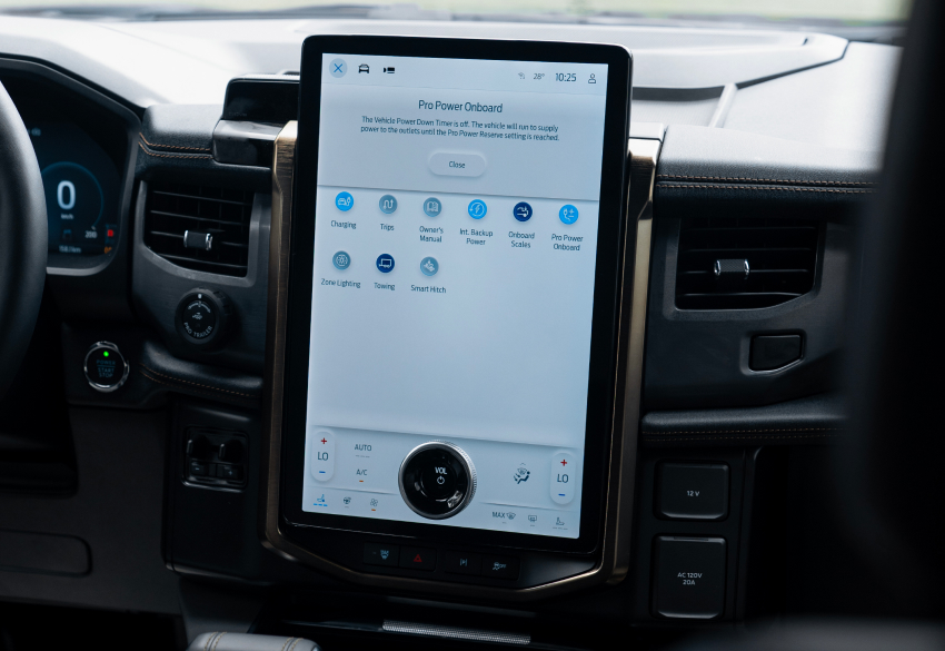 Ford F 150 Lightning touchscreen displaying Pro Power Onboard features