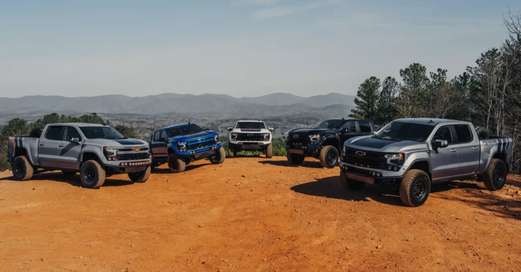 Off-road fox factory pickup trucks parked on dirt with mountains background