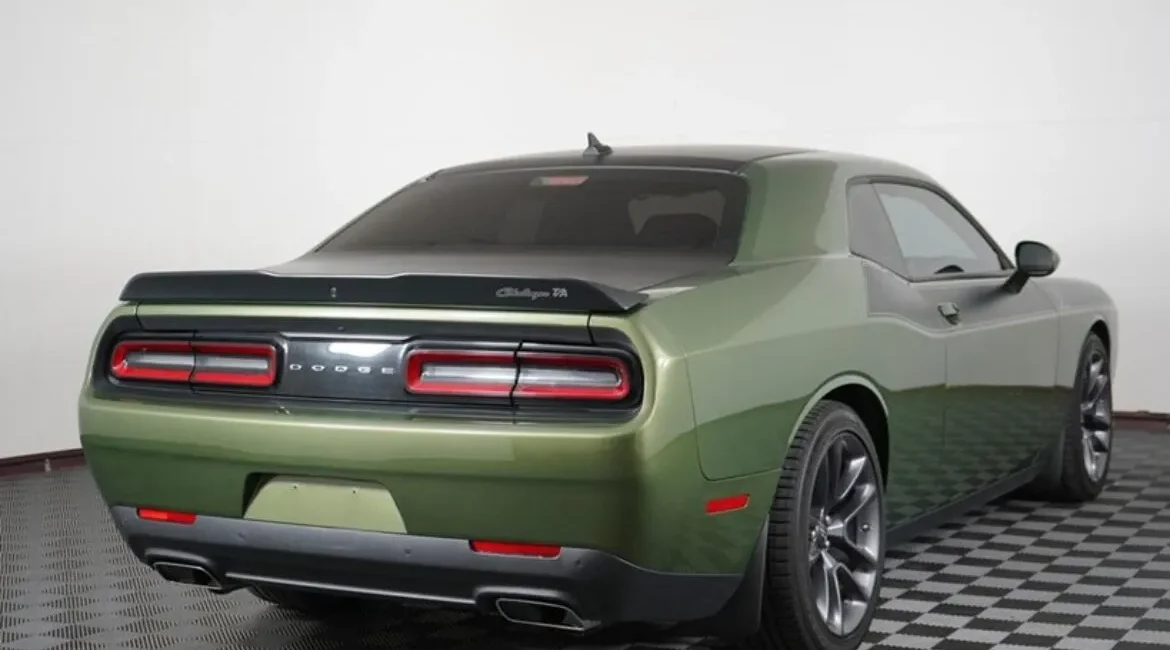Green Dodge Challenger rear view