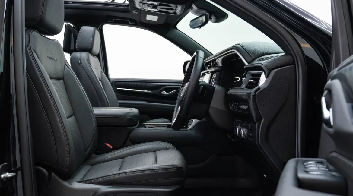 Luxury black leather car interior front seats