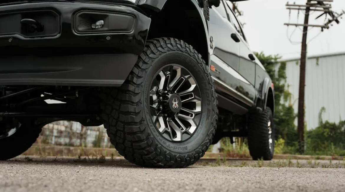 Close-up of lifted truck with off-road tires