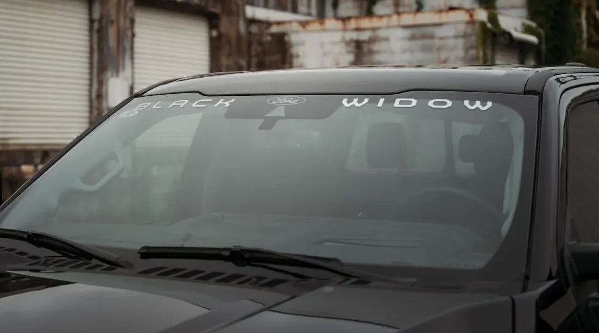 Black Widow Ford truck windshield close-up