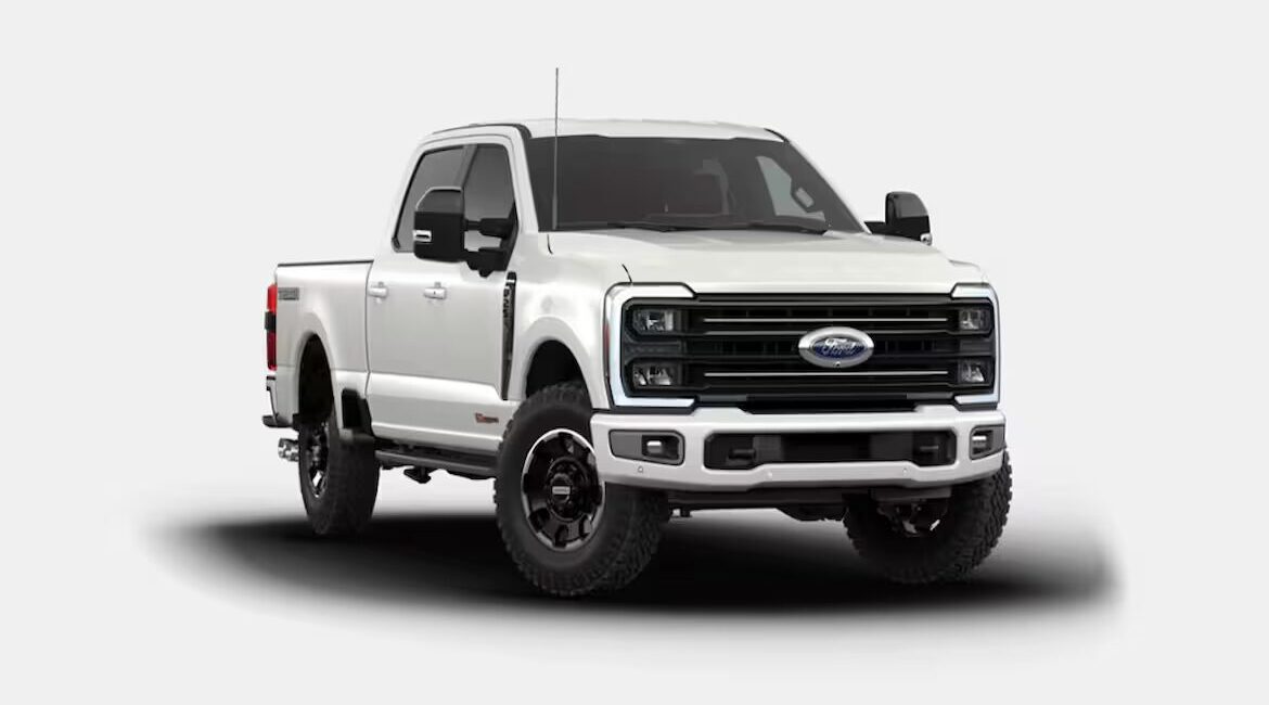 White heavy-duty pickup truck on gray background