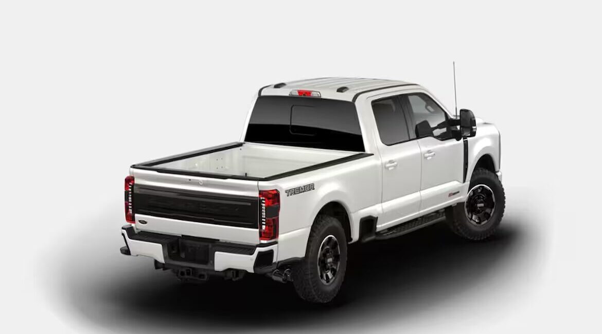 White pickup truck with empty cargo bed