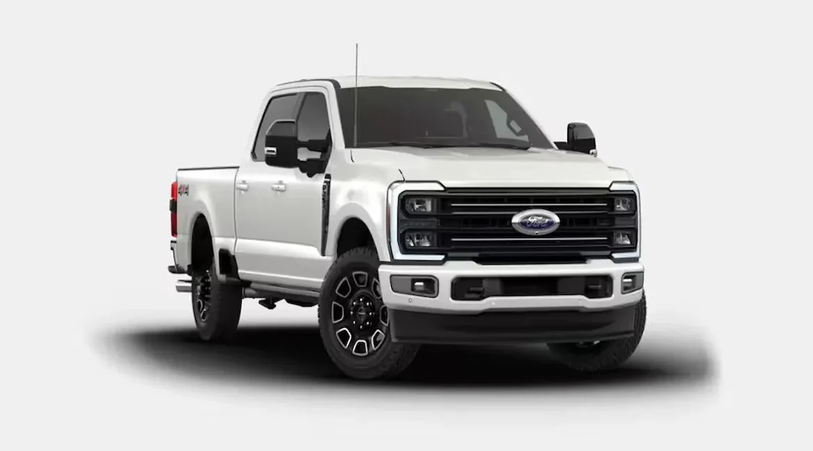 White Ford pickup truck on gray background