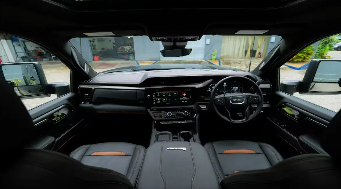 Modern truck interior with digital dashboard and leather seats