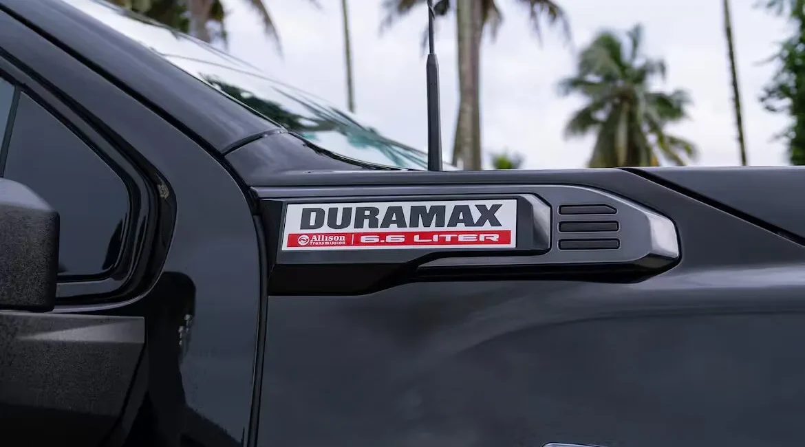 Duramax 6.6 liter diesel engine badge on truck