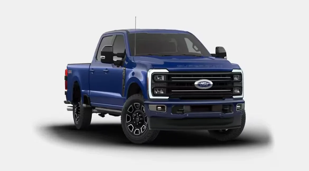 Blue Ford pickup truck front view