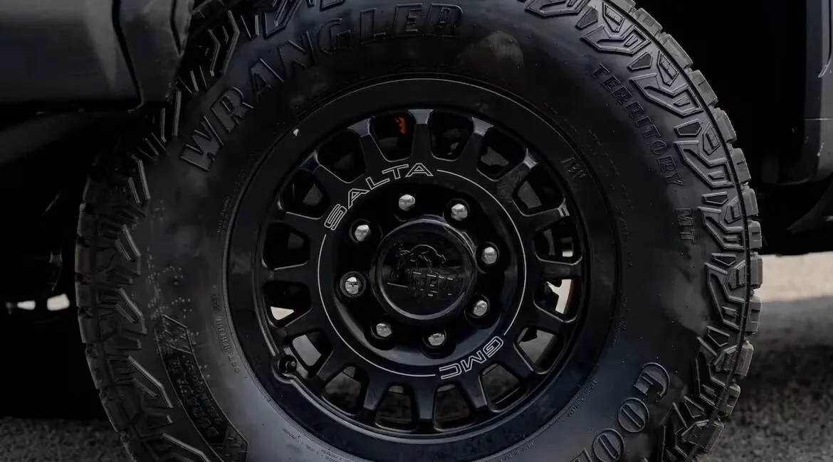 Close-up of black off-road tire and wheel
