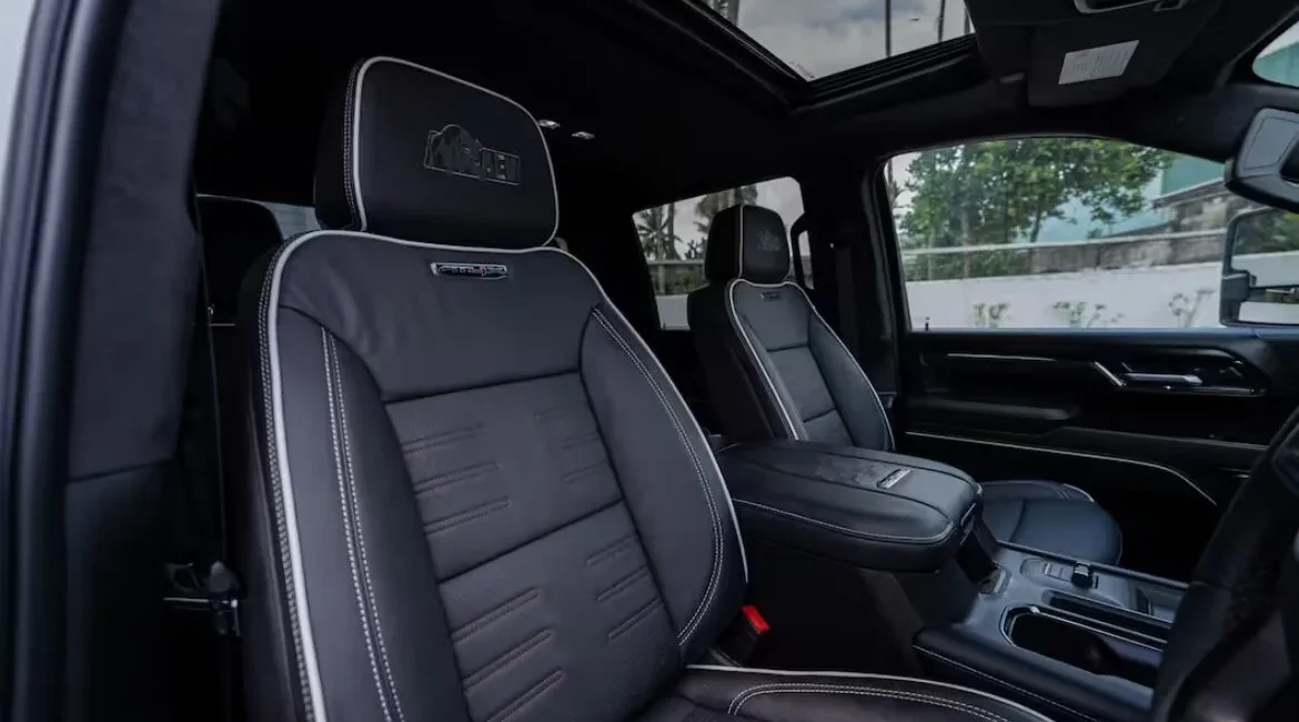 Modern black leather truck interior seats