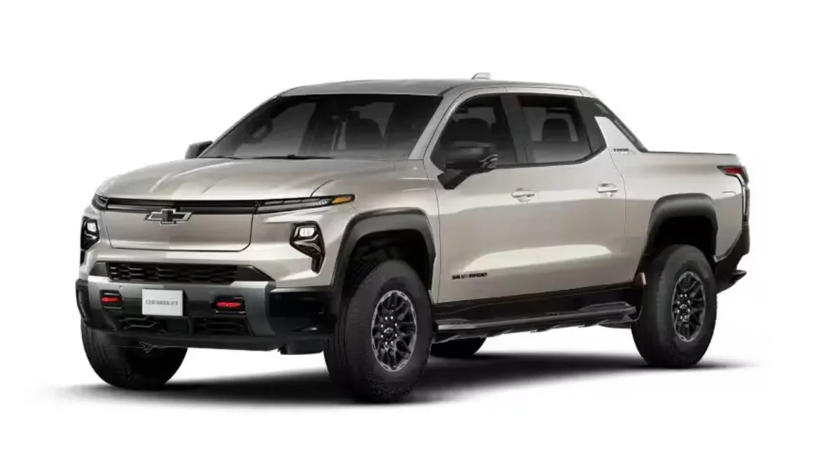 Silver electric pickup truck on white background