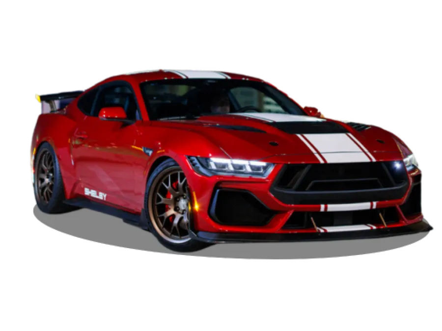 Red sports car with white racing stripes