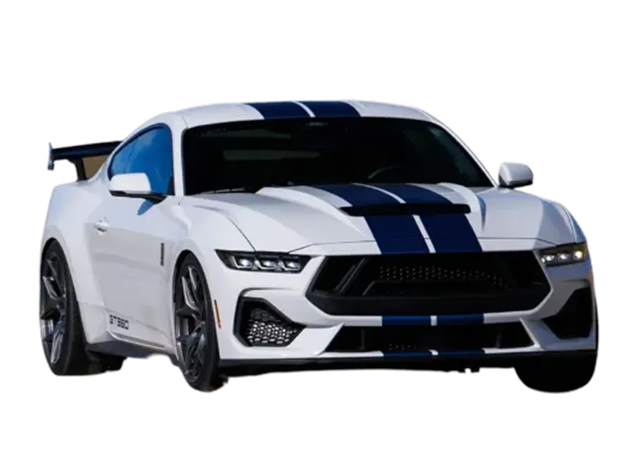 White sports car with blue racing stripes