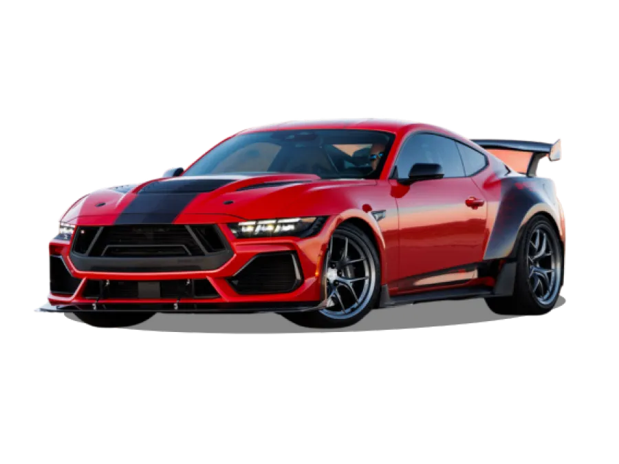 Red sports car with black racing stripes