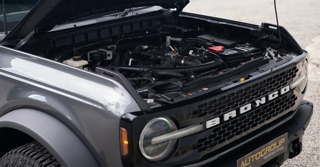 Ford Bronco engine bay with hood open