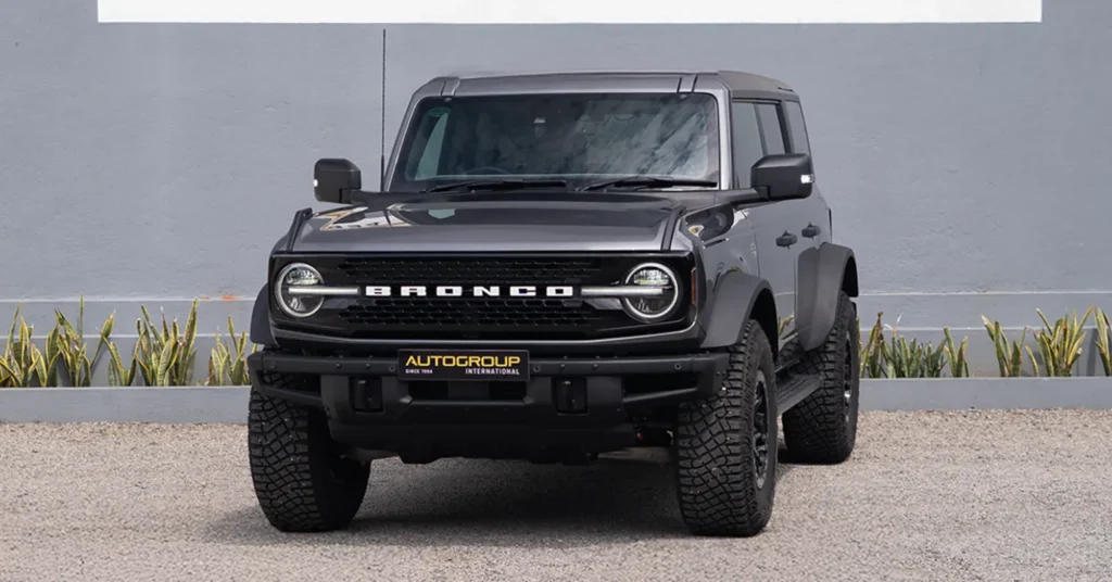 Gray Ford Bronco SUV front view parked outdoors