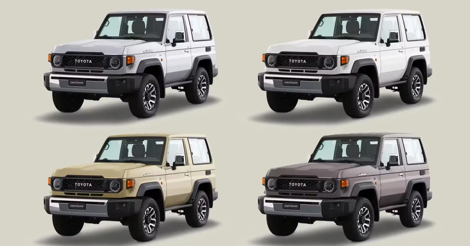 Four Toyota Land Cruiser SUVs in different colors