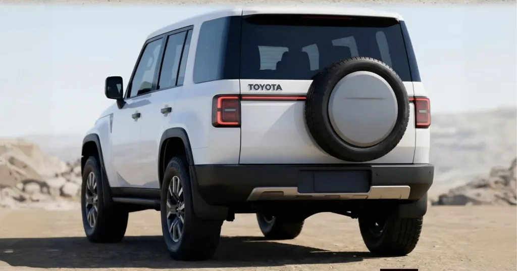 Rear view of white Toyota SUV in desert
