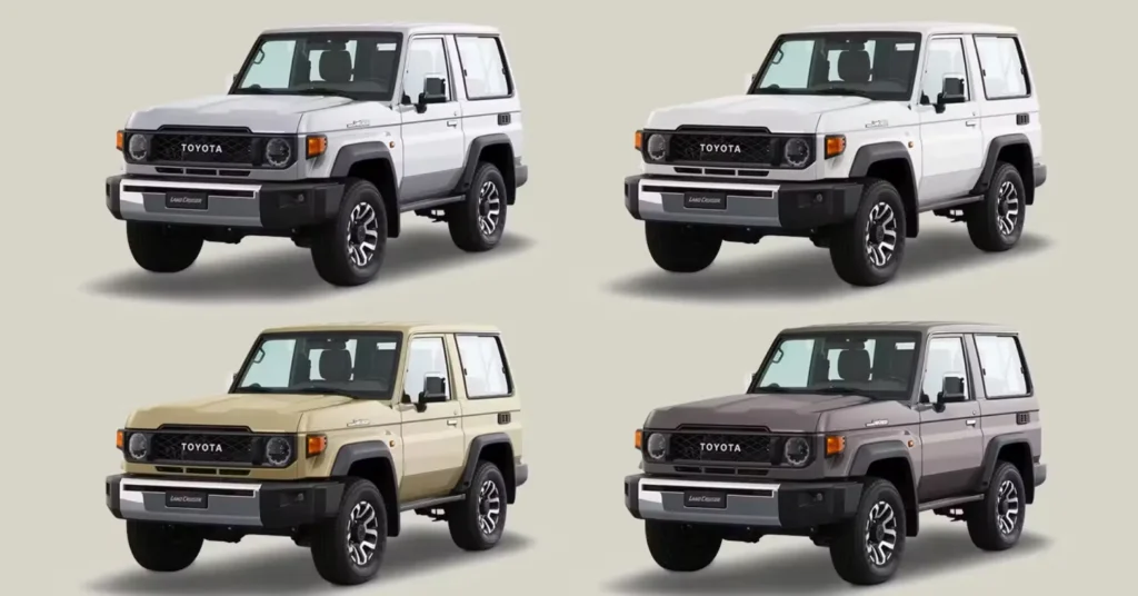 Four Toyota Land Cruiser SUVs in different colors